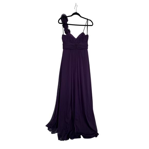 Betsy & Adam Purple Chiffon Evening Gown Size 8 One Shoulder Ruched Floral Strap - Picture 4 of 8